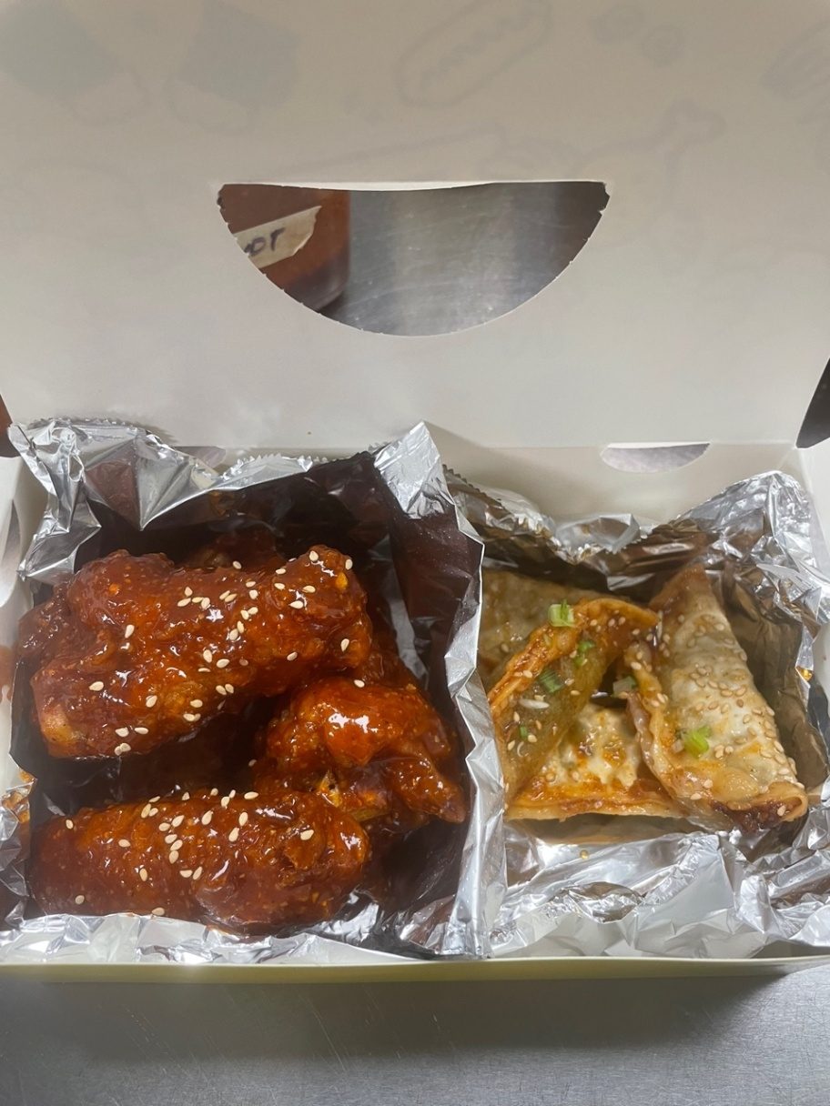 Dinner Wings & Vegetable Soy Dumplings.