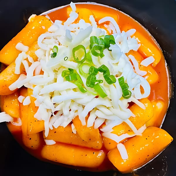 Noori Chicken Ann Arbor's Tteokbokki, a Korean dish with rice cakes in red sauce, topped with cheese and scallions.