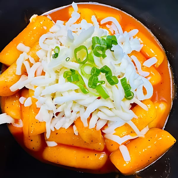Noori Chicken's tteokbokki, Korean rice cakes in spicy sauce, topped with shredded cheese and green onions.
