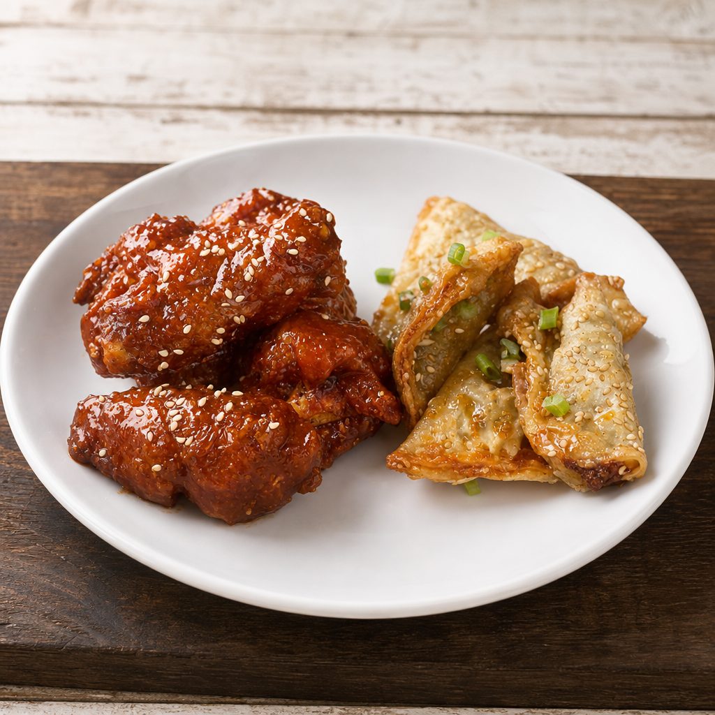 Dinner Wings & Vegetable Soy Dumplings.