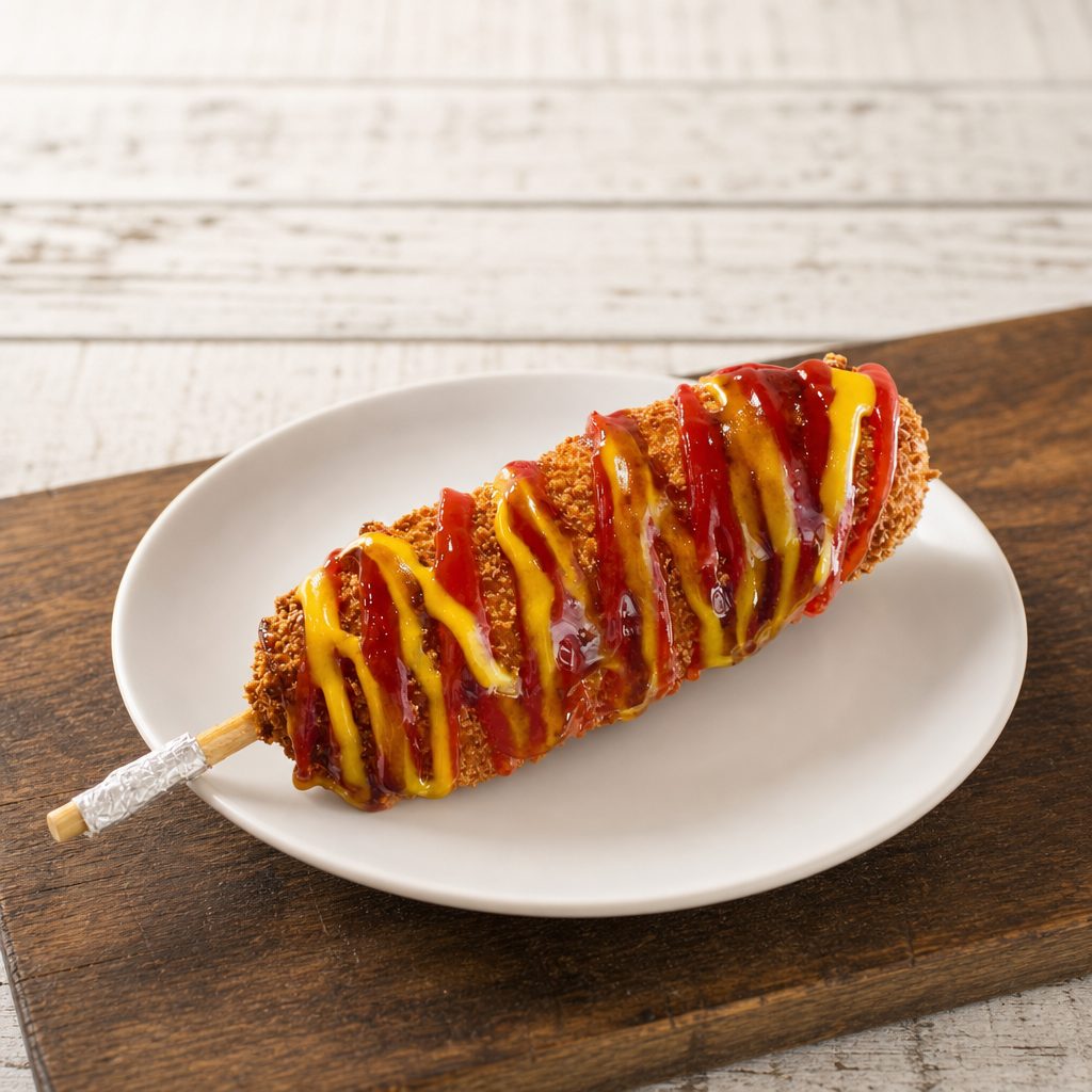 Korean Corn Dog - Fish Cake Sausage and Mozzarella Inside.