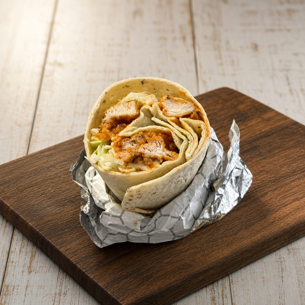 Crispy Chicken Wrap with Gochujang Sauce.