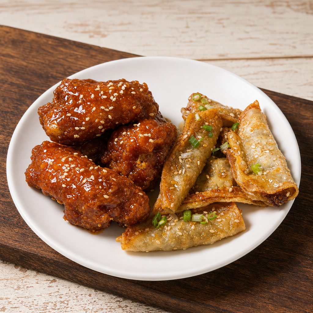 Lunch Wings & Soy Vegetable Dumplings & Soda.