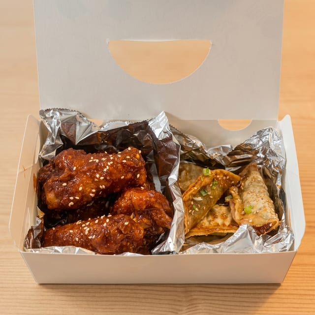 Dinner Wings & Vegetable Soy Dumplings.