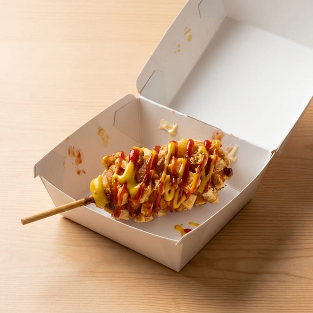 Korean Potato Corn Dog - Fish Cakes And Mozzarella Inside.